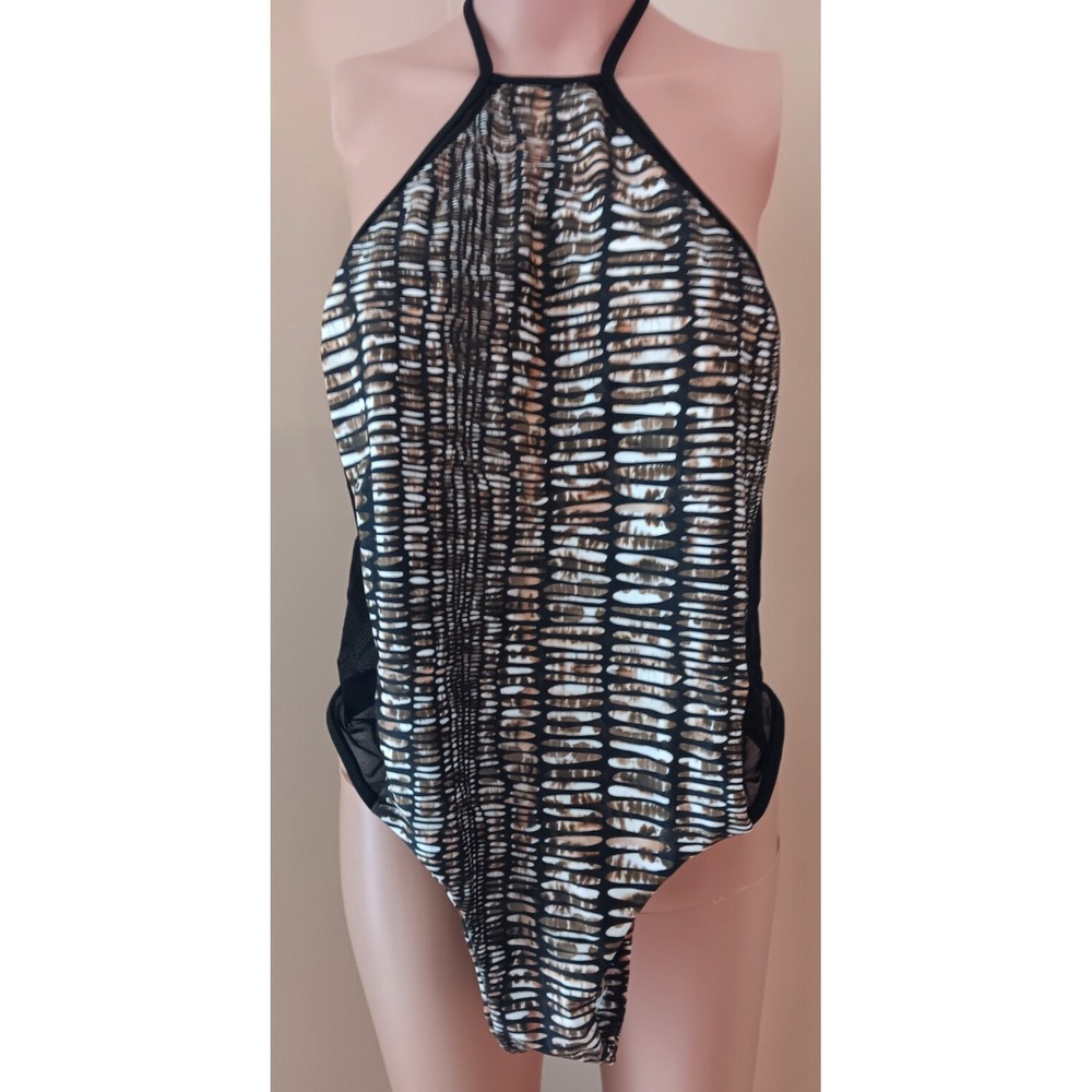 ISSA DE MAR Animal Sexy Backless Sheer Mesh Halter Swimsuit 1-Piece Large NEW